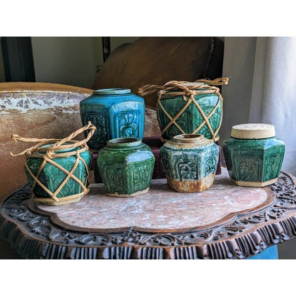 Antique Chinese hexagonal green ginger jar 3.5", Victorian small size ginger - Picture 10 of 10